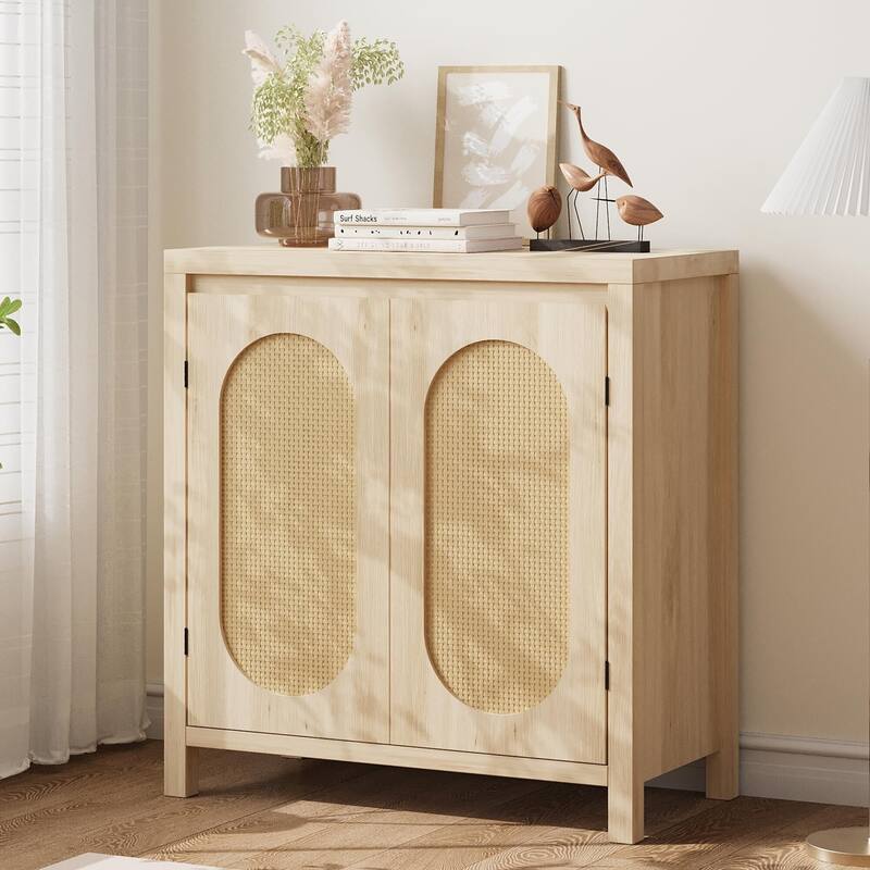 Rattan Storage Cabinet, Wooden Sideboard Buffet Cabinet with Doors and Shelves