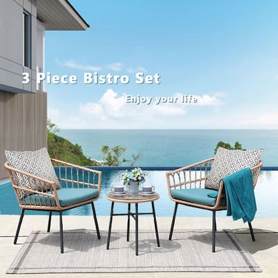 Outdoor 3 Piece Conversation Bistro Set with Tempered Coffee Table and Wicker Chairs (Green)