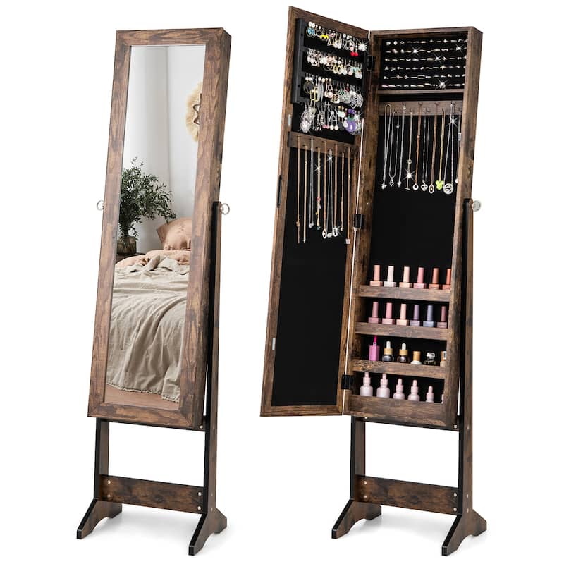 Gymax Jewelry Mirrored Cabinet Armoire Organizer Storage Box w/ Stand - Brown