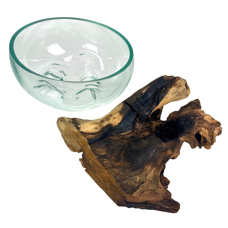 Molten Glass Bowl On Driftwood 10" Hand Blown Decorative Centerpiece