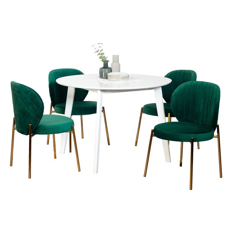 Cafet Dining Table Set Casual Dining Table Set Round Dining Table Set with 4 Upholstered Chairs and Rubberwood Table Legs Green - Table White Chair Green