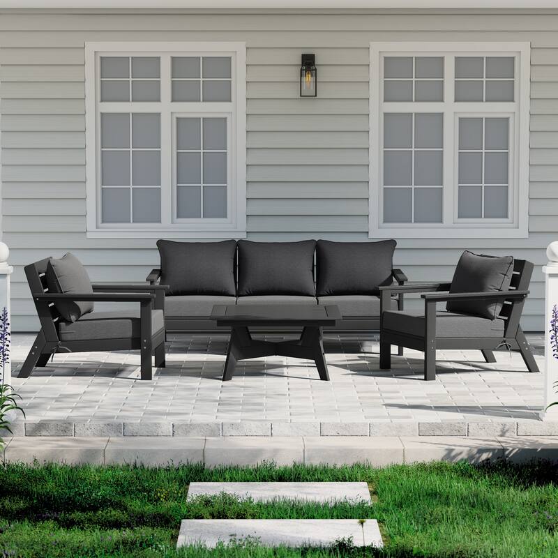 Birchwood All Weather HDPE Outdoor Patio Black Deep Seating Conversation Set (6-Piece Set) - Black/Gray