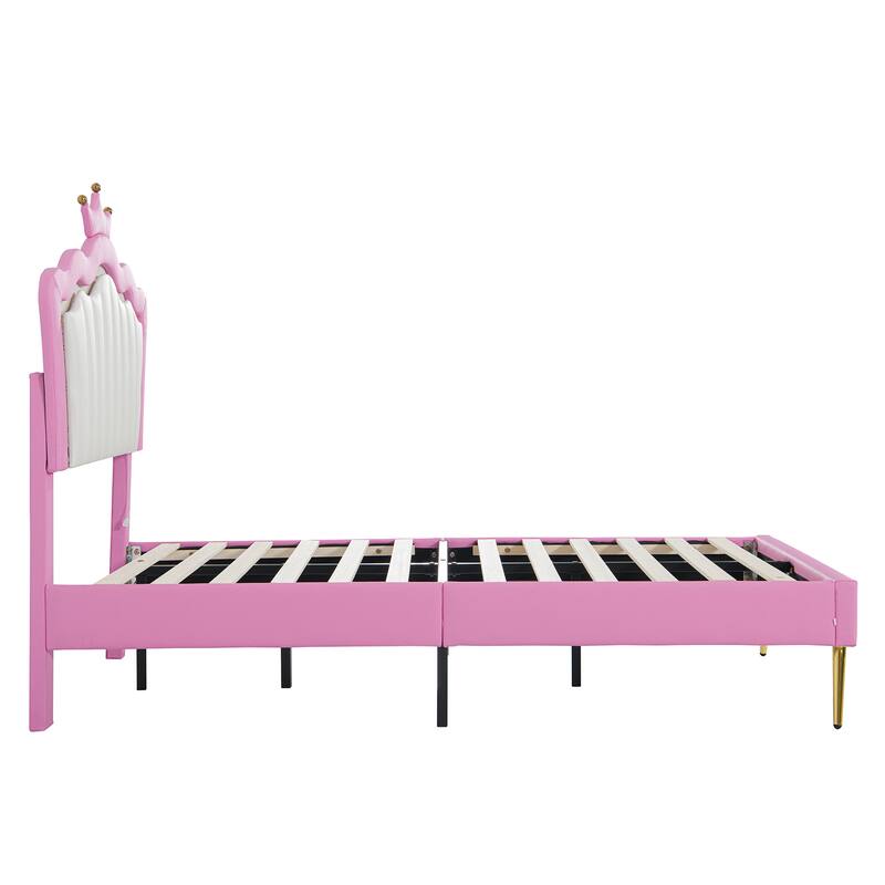Twin Size Upholstered Princess Bed with Crown Headboard and LED Lights, Pink and White