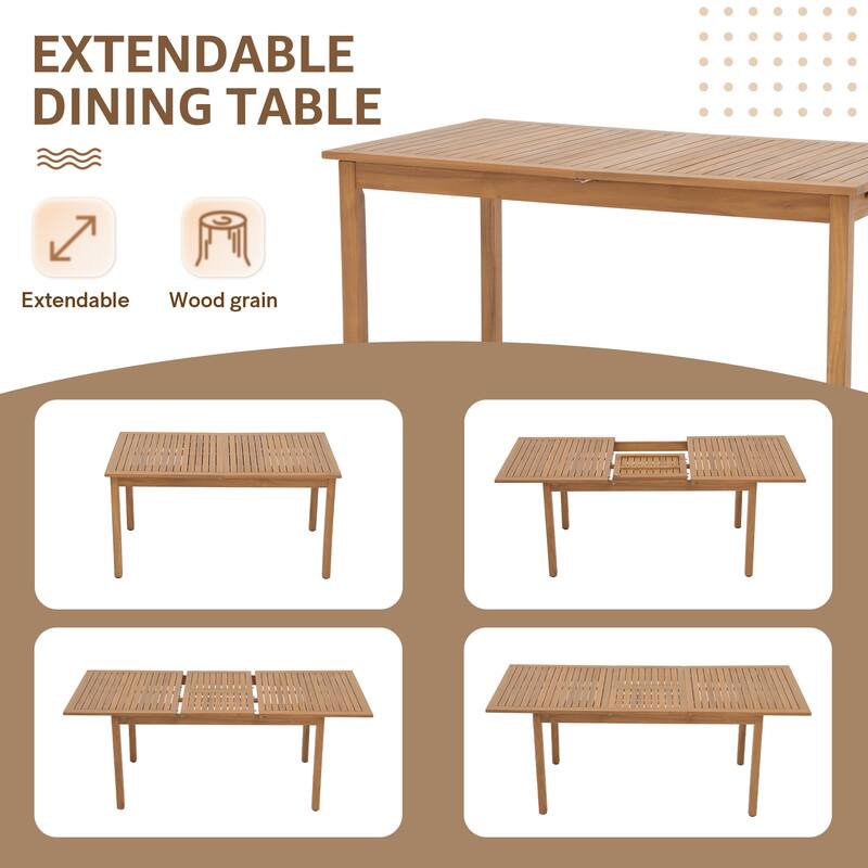 Outdoor Wooden Dining Table Set with 6 Woven Rope Chairs
