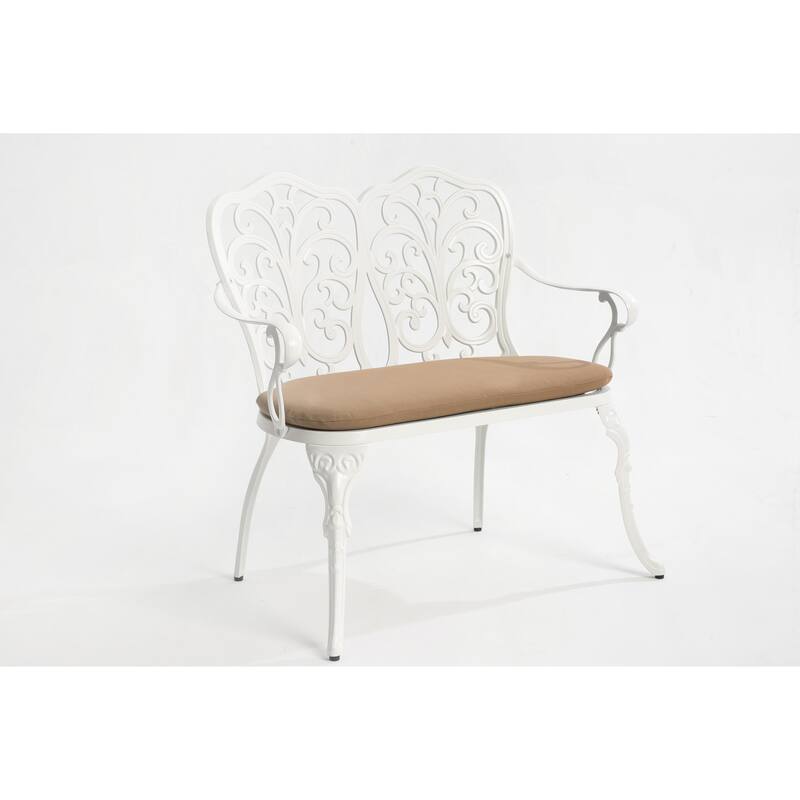 Patio Garden Bench Metal Park Bench Cast Aluminum Outdoor Furniture With Floral Rose For Patio,Park,Lawn,Yard With Cushion