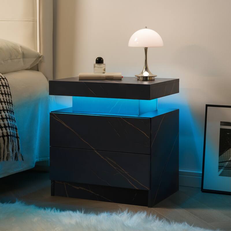 Modern LED Nightstand with Adjustable Lights and 2 Drawers for Bedroom and Living Room