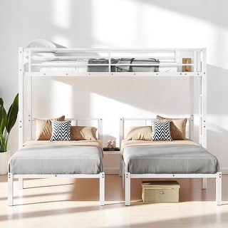 Triple Twin Metal Bunk Bed with Shelf, Middle Table, Guardrails, and Convertible Upper Bed,Detachable L-Shaped Bunk bed