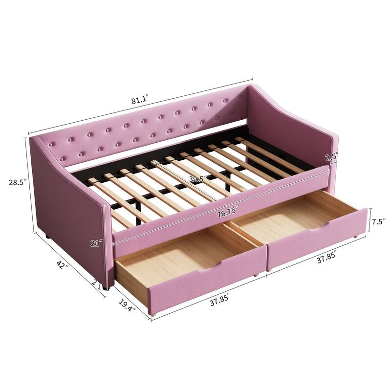 Twin Size Daybed with Drawers Upholstered Tufted Sofa Bed, with Button on Back and Piping on Waved Shape Arms