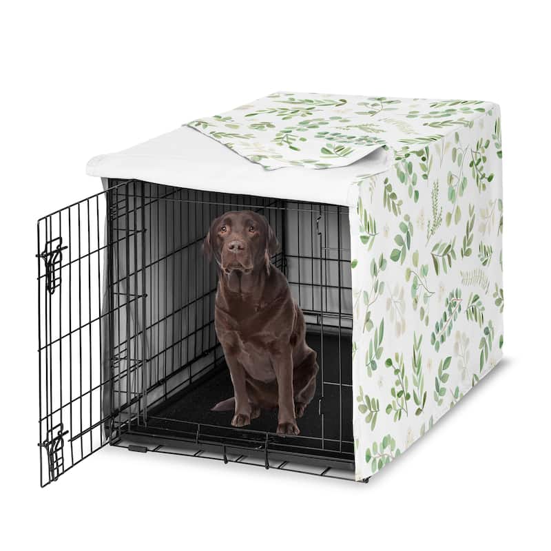 Sweet Jojo Designs Green Boho Floral Leaf Dog Crate Kennel Cover 42in. Neutral Sage White Bohemian Watercolor Botanical Woodland