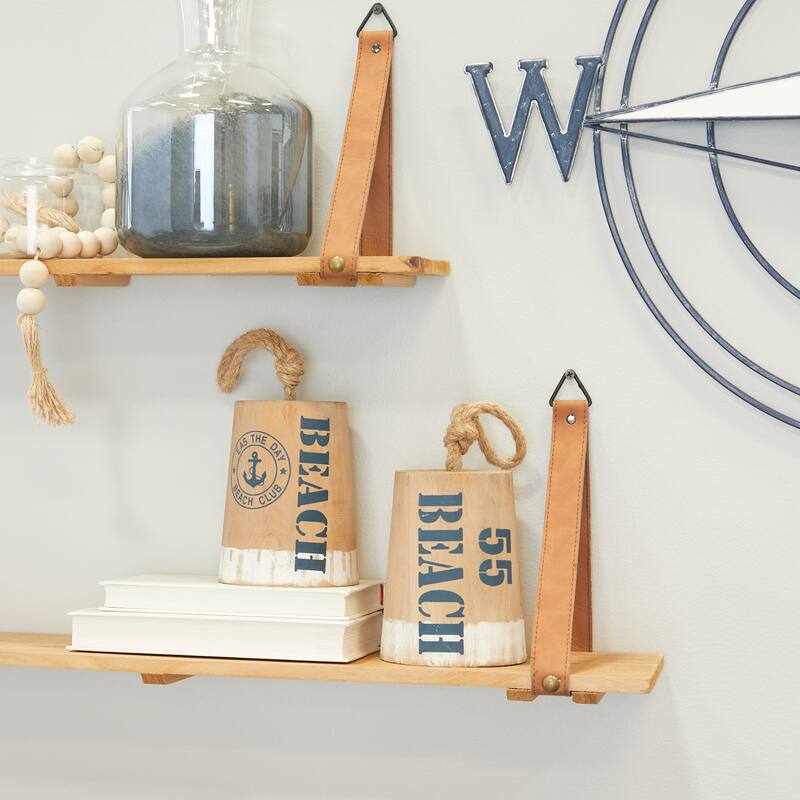 Brown Wood Door Stopper Buoy Decorative Sculpture with Rope Accents (Set of 2)