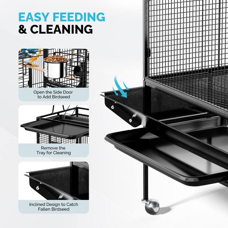 68in Wrought Iron Bird Cage with Playtop, Large Flight Cage with 5 Feeders & Ladder & Rolling Stand, for Small/Medium Birds