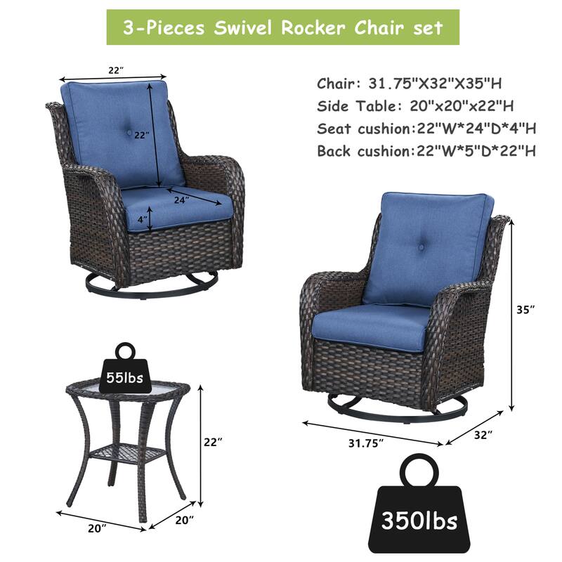 Pocassy 3-Piece Outdoor Swivel Bistro Set, Wicker Rocking Chairs