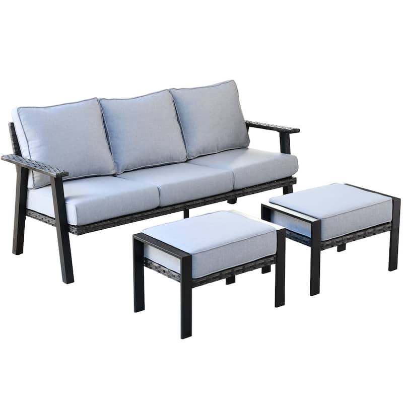 OVIOS Outdoor 3-piece Wicker Sectional Sofa Set With Ottoman Steel Frame