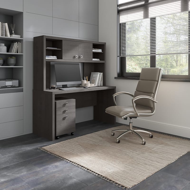 Echo Credenza Desk with Hutch and Drawers by Bush Business Furniture - Charcoal Maple