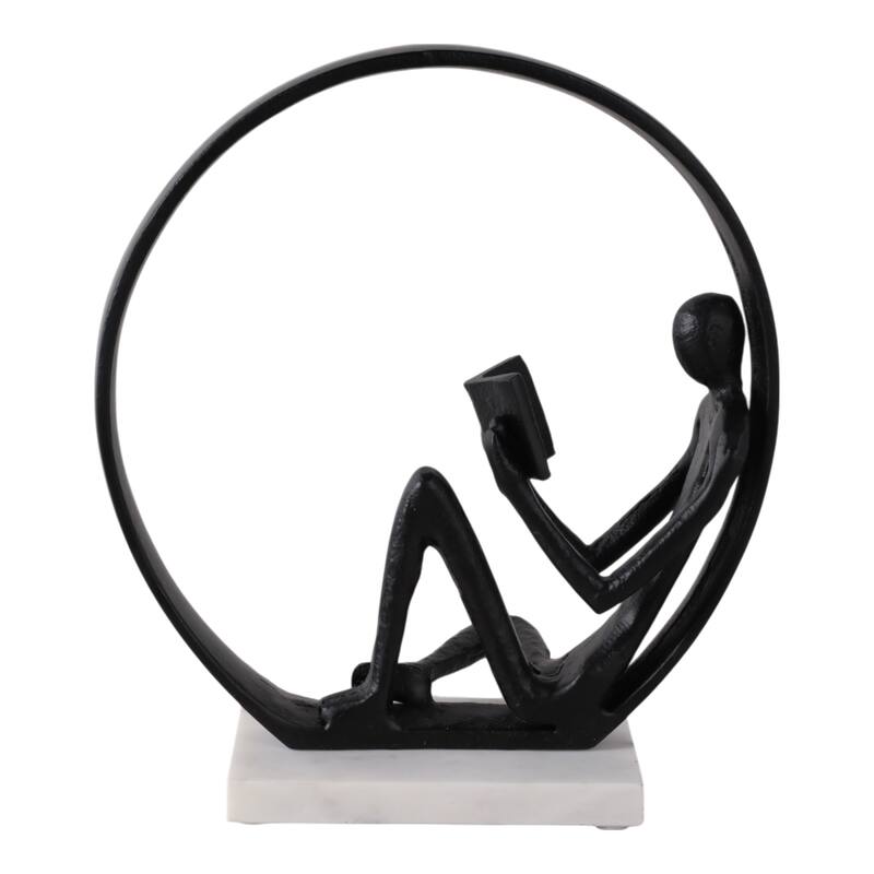 Metal Marble Sculpture Human Figure in Circular Frame - 11" Black - 9.75" x 4.75" x 11"