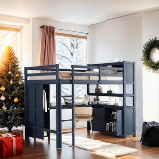 Wood Loft Bed with Cabinet and Bookshelf, Full Size Loft with Wardrobe and Desk for Kids