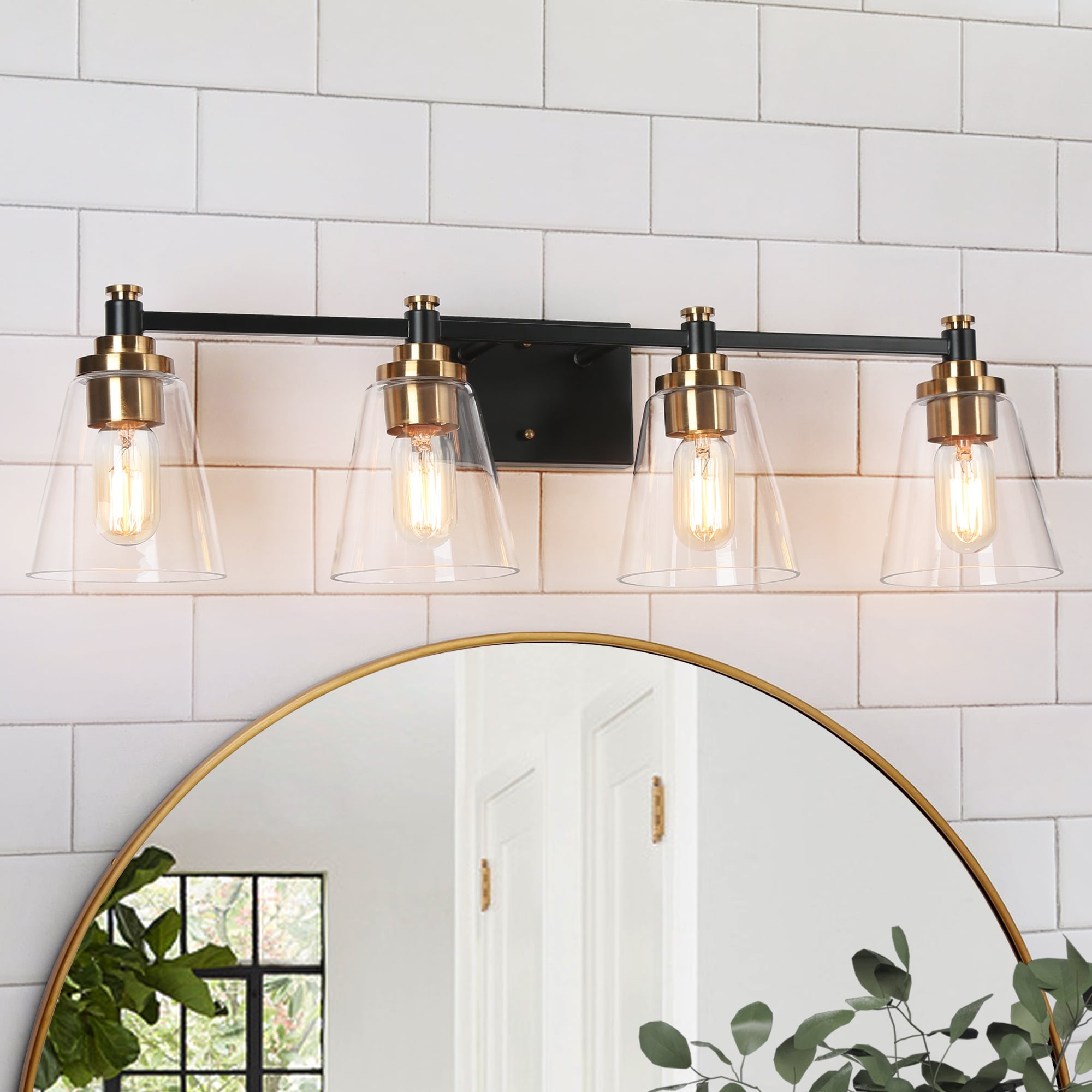 4-Light Modern Black Gold Bathroom Vanity Lights Glass Wall Sconces