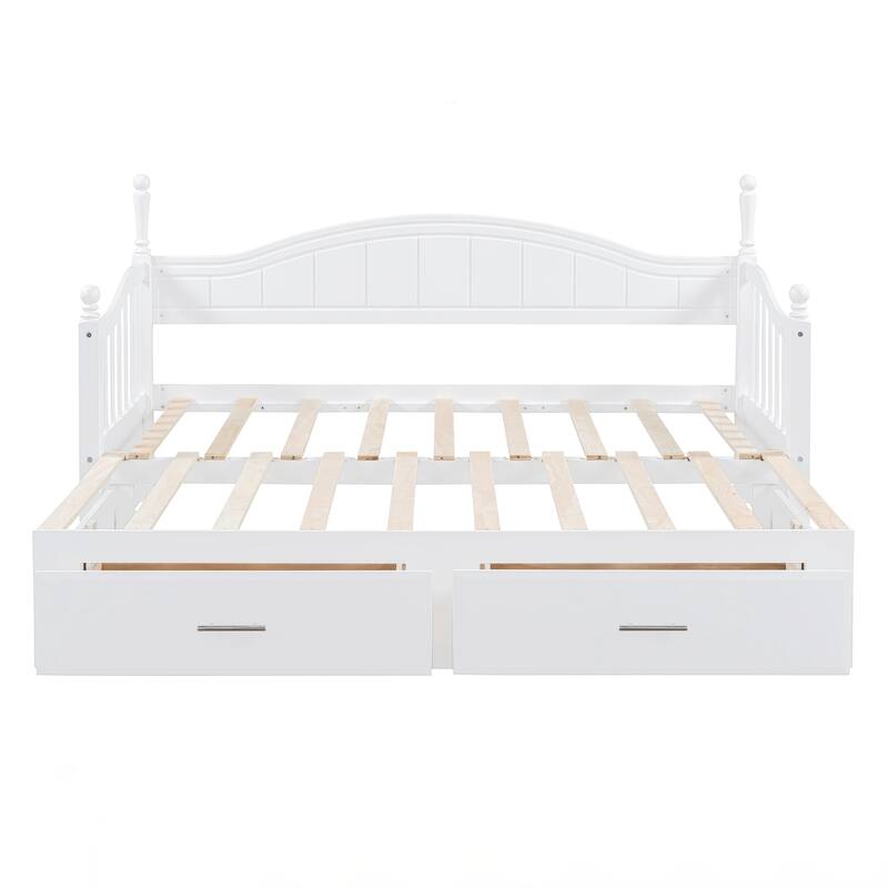 Wooden Twin Size Daybed with Twin Size Trundle, Extendable Daybed with Two Storage Drawers