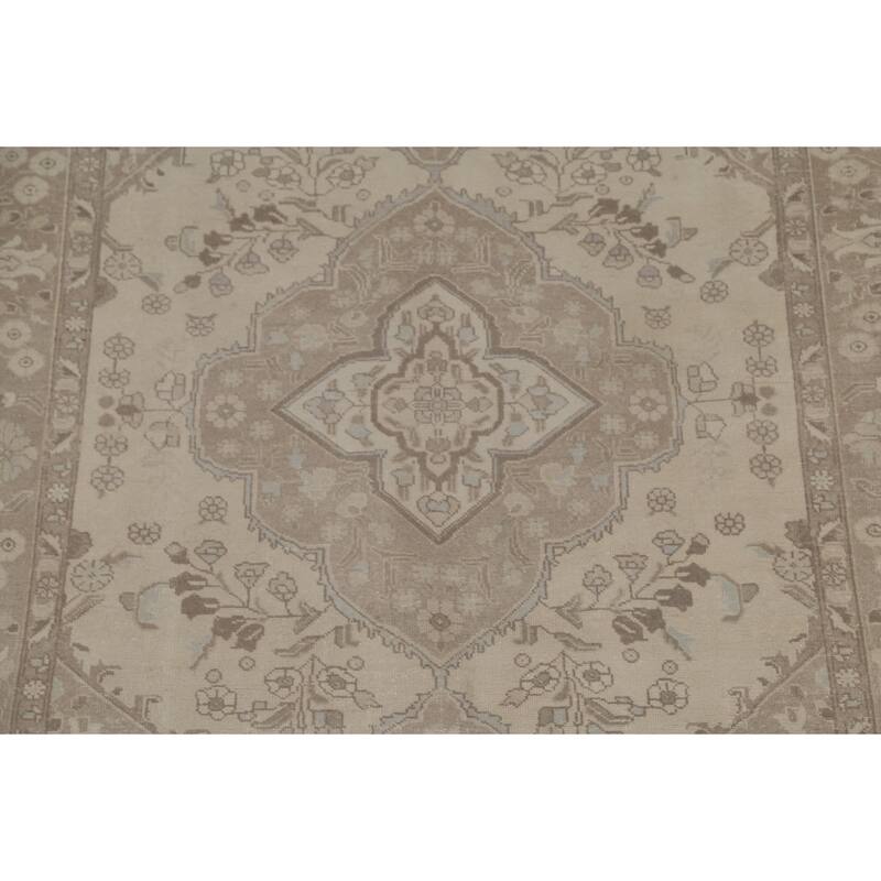 Distressed Beige Tabriz Persian Vintage Rug Hand-Knotted Wool Carpet - 6'4"x 9'3"