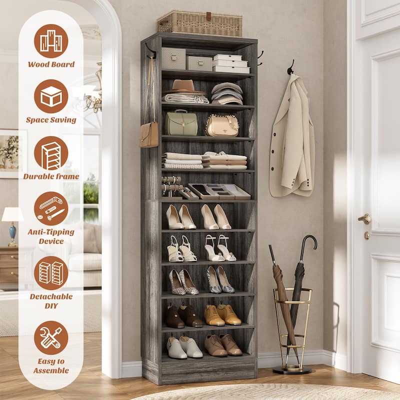 Freestanding 10-Tier Shoe Storage Cabinet,Narrow Wood Shoe Rack Shoe Organizer,Sturdy Closet Organizer Open Display Cabinet