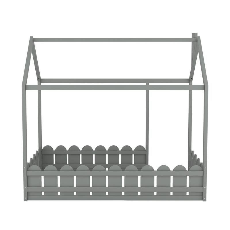 Twin Size Wood House Bed Frame with Fence for Kids and Teens, Gray