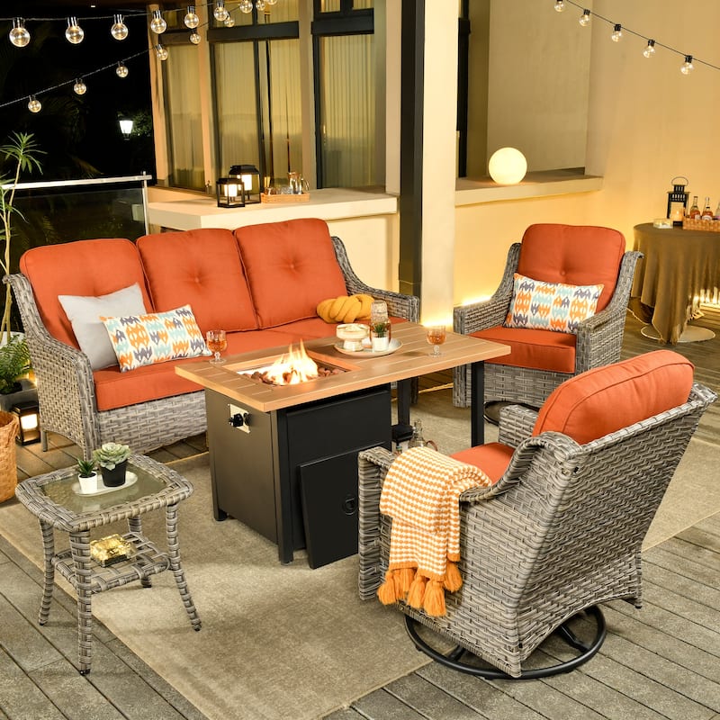 OVIOS 5 Pieces Outdoor Wicker Curved Swivel Chair Set With Fire Table