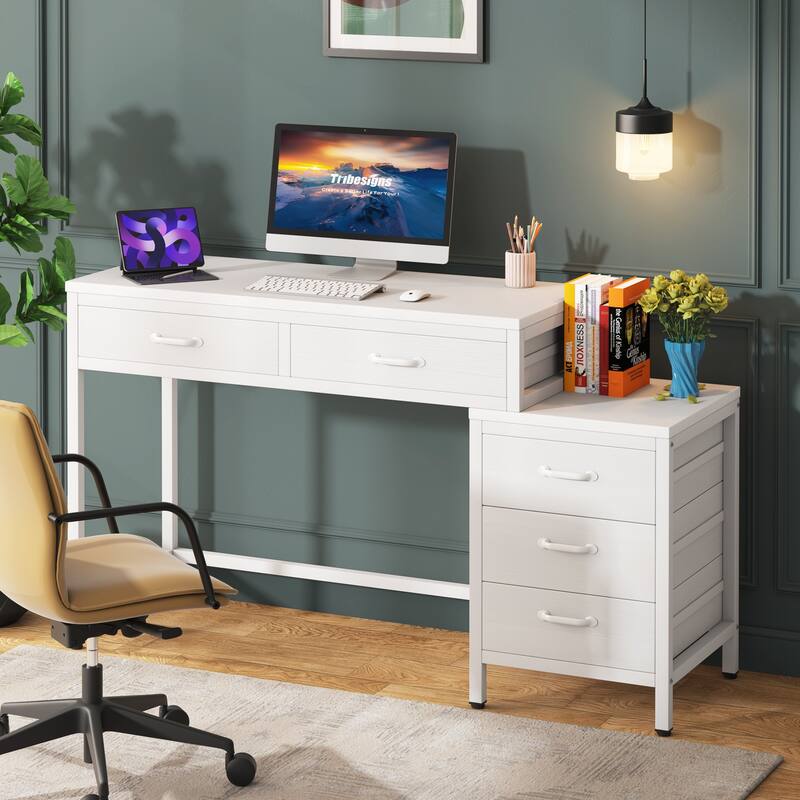 Modern Computer Desk with 5 Drawers, Home Office Desks with Reversible Drawer Cabinet Printer Stand