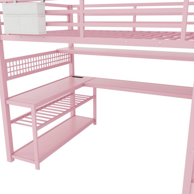 Full Size Metal Loft Bed with Staircase and Wardrobe, Loft Bed Frame with Desk, Storage Shelves, LED Lights and Charge Station