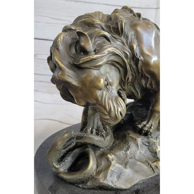 Lion Vs. Imitative Snake Bronze Sculpture Animal Sculpture A. Barye Figurine On Marble Base
