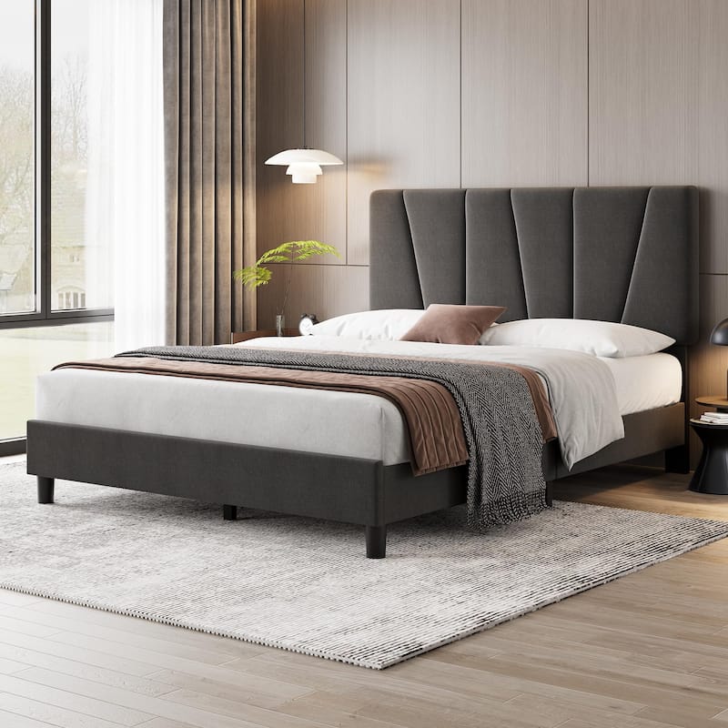 Grey Velvet Upholstered Platform Bed Frame with Wooden Slats - Full