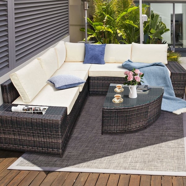 Shop Gymax 6pcs Wicker Furniture Sectional Sofa Set W Cushions Off White See Details Overstock 32173795
