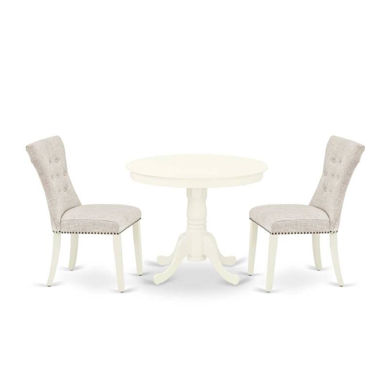 3-Piece Linen White Finish Solid Wood Top - Round Dining Room Set - Seats 4