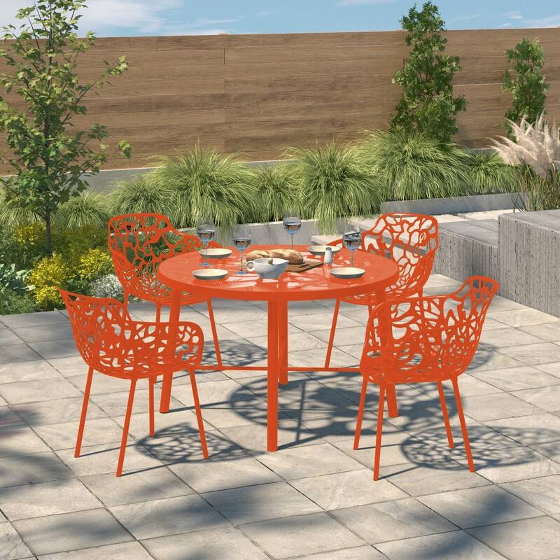 Devon Outdoor Aluminum Dining Chair with Floral Cutout, Stackable, Weather-Resistant, UV-Protected, Indoor/Patio Seating - Orange