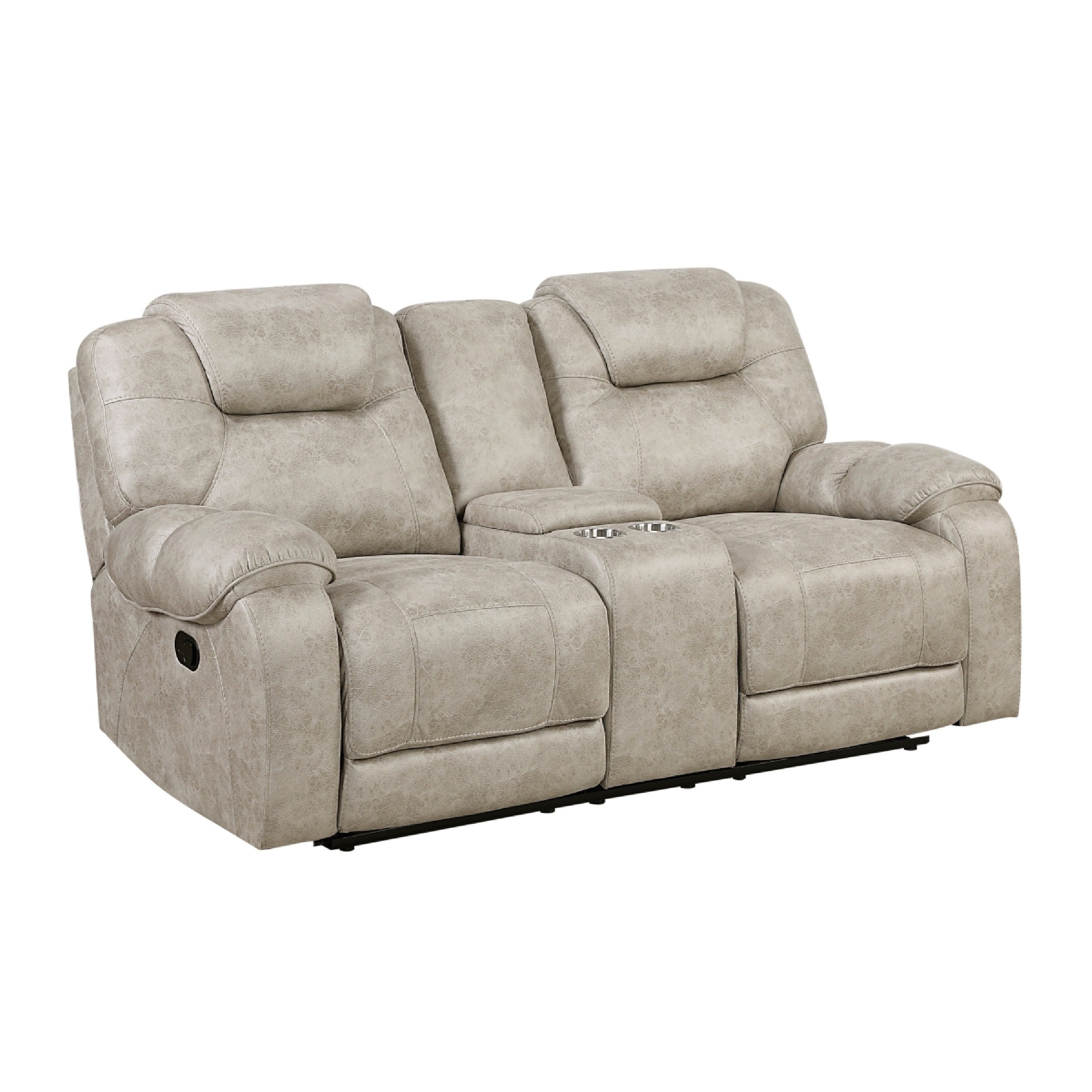Benjara Lily Manual Reclining Loveseat w Center Console, Polished Pewter Gray