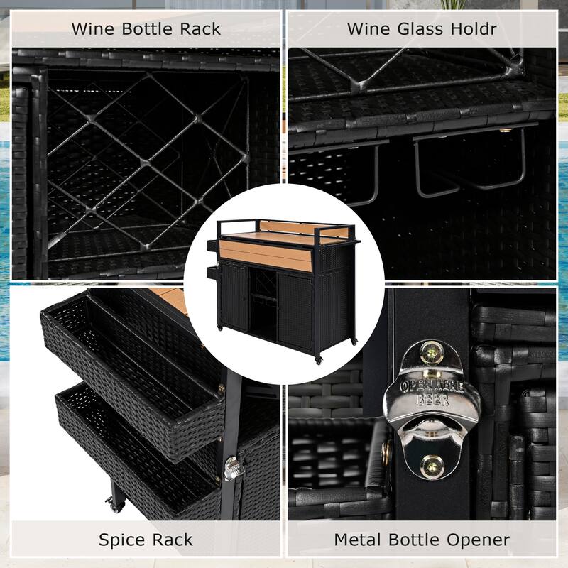 52.8"W Wicker Outdoor Grill Cart with Extended Plastic Wood Table Top & Storage Cabinet