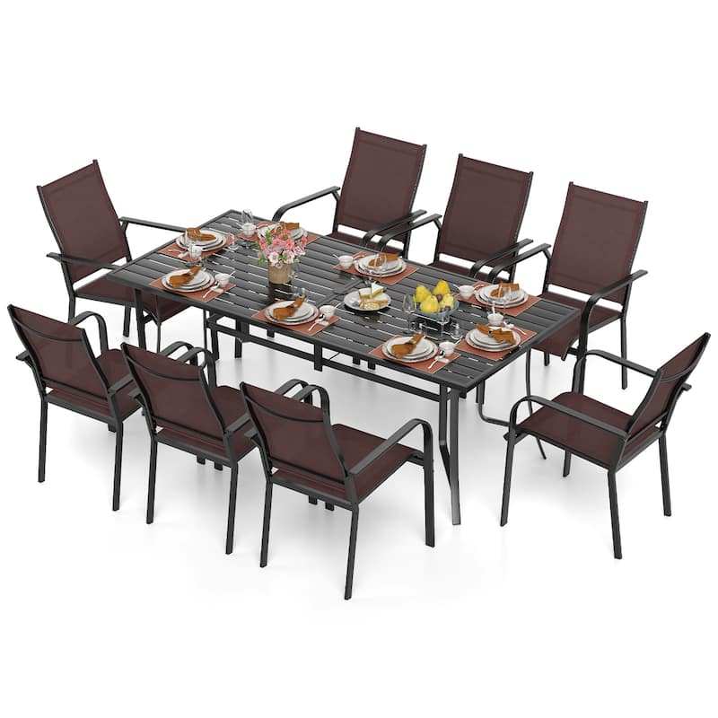 Gymax 9PCS Patio Dining Set Rectangular Table & Stackable Chairs - Black and Coffee