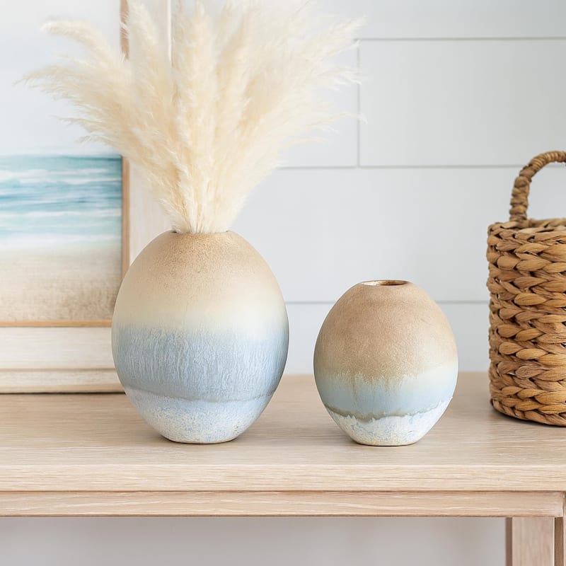 Aria Home Ombre Coastal Ceramic Oval Vase Set of 2 with Elegant Finish