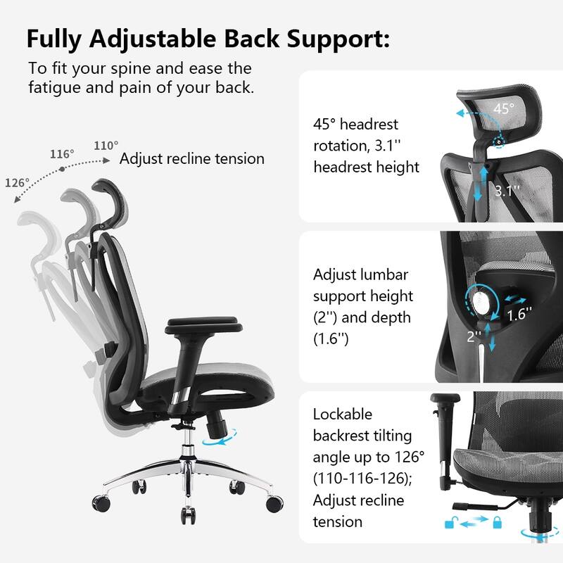 SIHOO Ergonomic Office Chair Mesh High Back Desk Chair Computer Chair,300lb, Black - 64*70*123