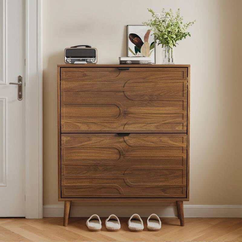 Modern 31.5 in Walnut Shoe Storage Cabinet with 2 Flip Drawers