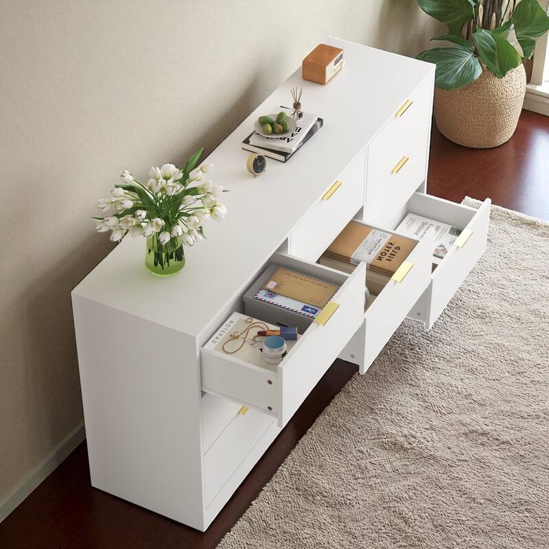 9 Drawer Dresser, 63" Wide Wooden Storage Cabinet with Golden Handles, Large Chest of Drawers for Bedroom and Hallway