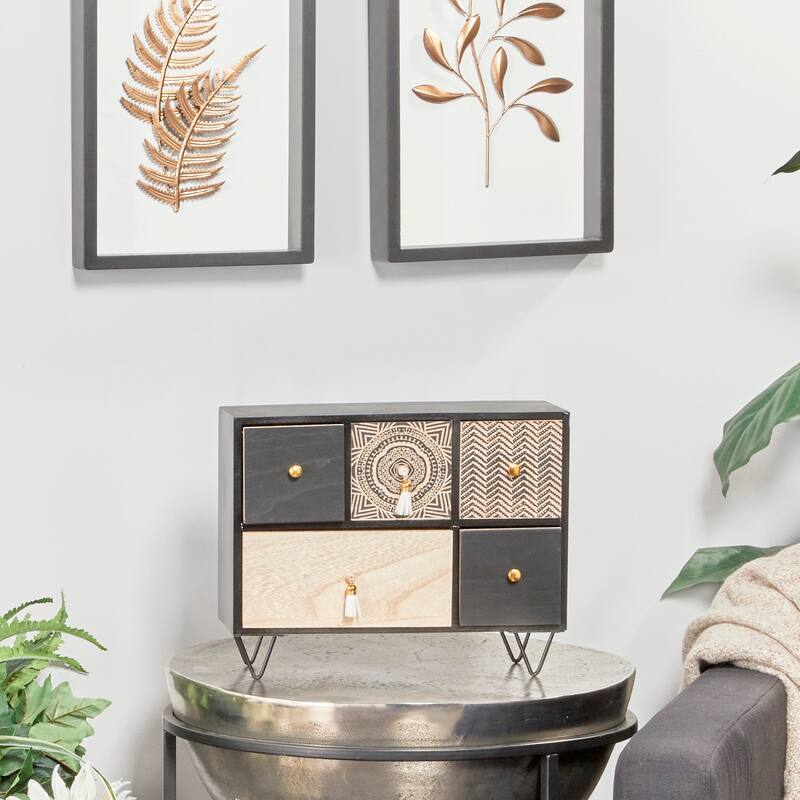 Black Wooden 5 Drawers Tribal Jewelry Box - Black