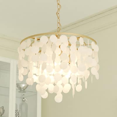 Elsa 3 Light Gold Brass Modern Coastal Glam Pendant Fixture with Capiz Shells - 19.75-in W x 18.5-in H x 19.75-in D