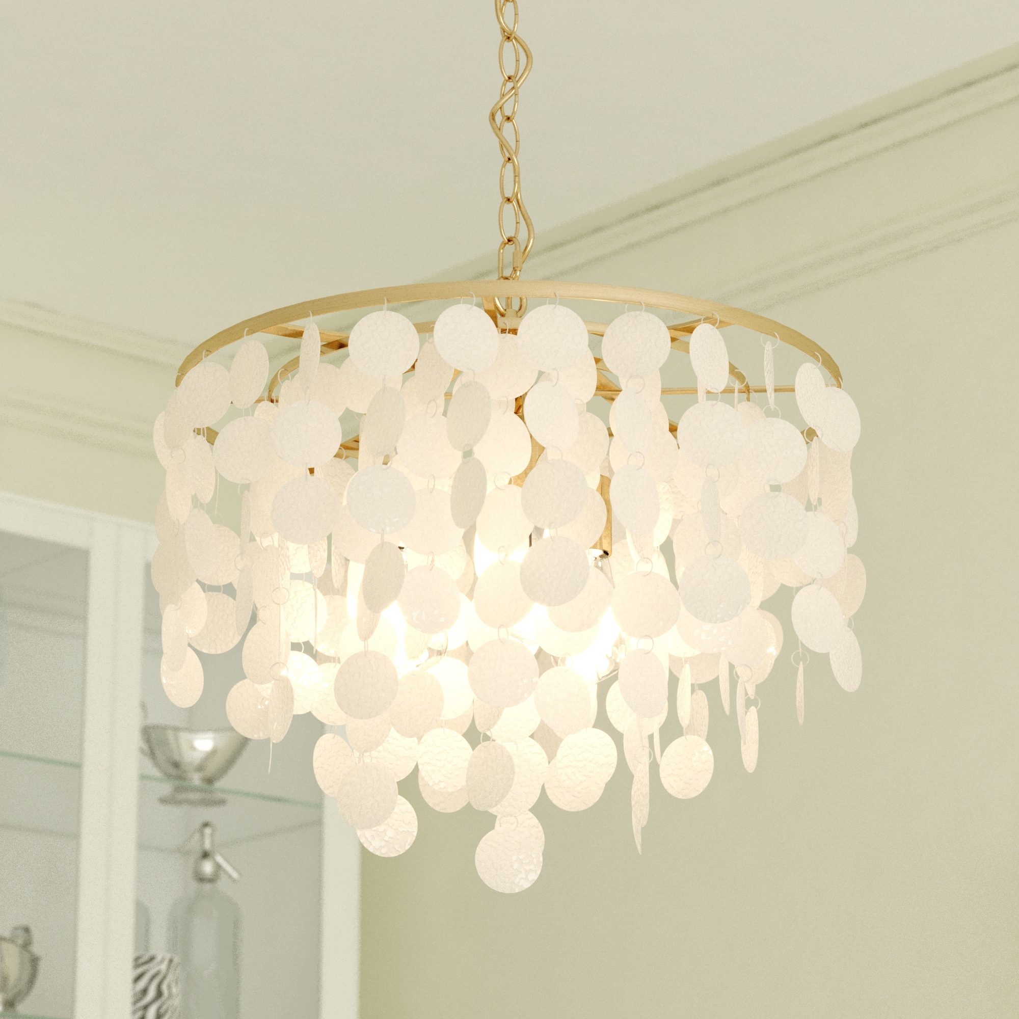 VAXCEL Elsa 3 Light Gold Brass Modern Coastal Glam Pendant Fixture with Capiz Shells - 19.75-in W x 18.5-in H x 19.75-in D