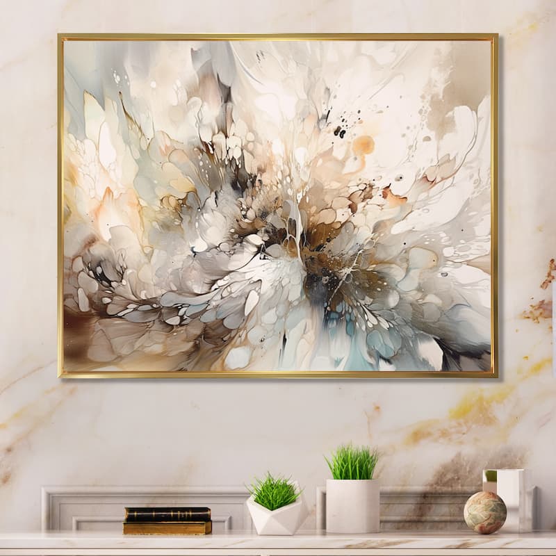Designart "White And Grey Geometric Depths I" Modern Geometric Framed Wall Art For Living Room - 32 in. wide x 16 in. high - Gold