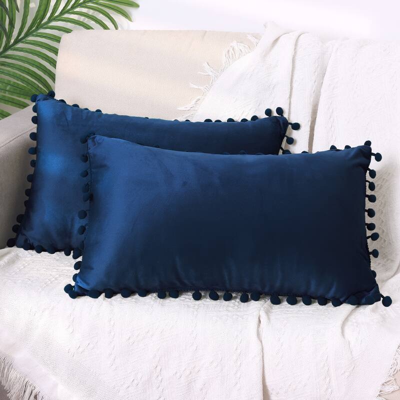 Pack of 2 Velvet Throw Pillow Covers with Pompoms Decorative Pillow Cases Fringe Cushion Covers Velvet Square Sham - Dark Blue - 12 x 20 Inch