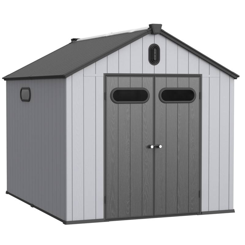Waterproof Resin Garden Shed with Double Wall Panels & Rain Gutter Weatherproof Storage Shed, Hinged Double Doors
