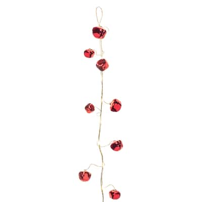 58-Inch Lighted Sleigh Bell Garland Red & Gold Iron with Warm White LED Lights - Set of 2 - 58” (L) x 3” (W) x 1.5” (H)