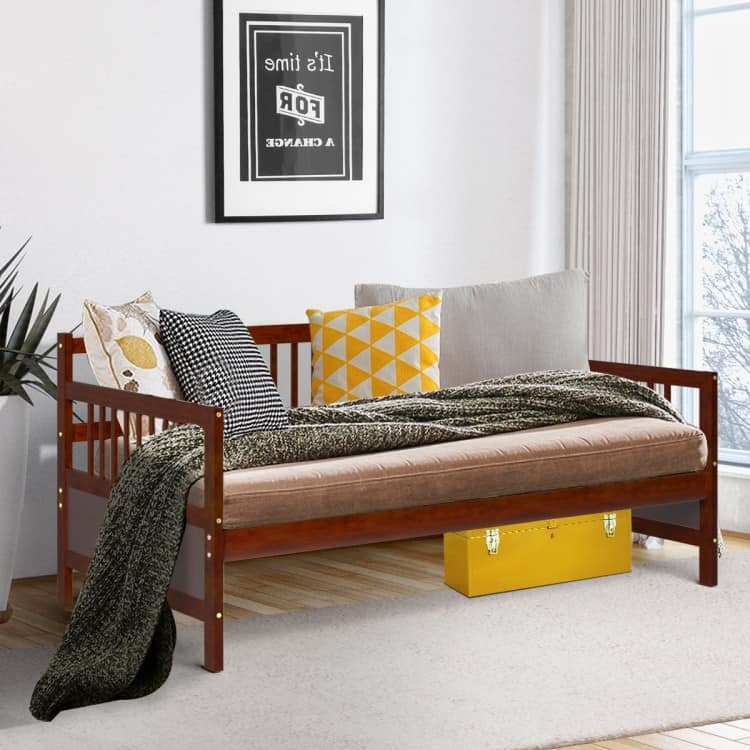Cherry Pine Wood Twin Daybed Frame with Storage Space and Durable Slat Support