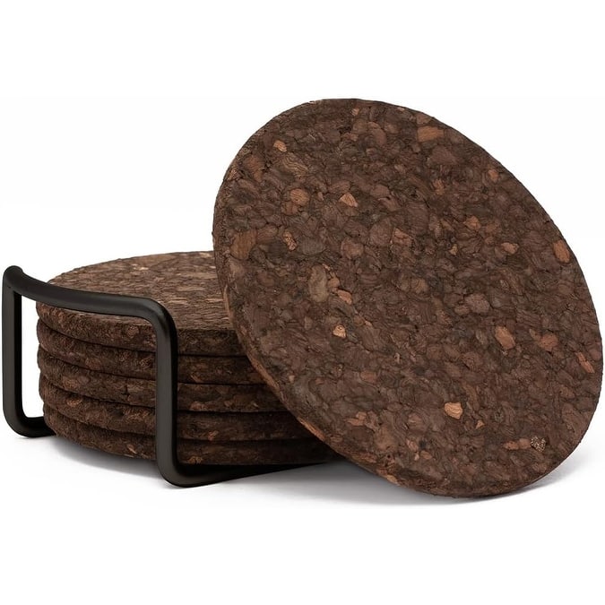 Set of 6 Thick Dark Cork Coasters in Attractive Black Coaster Holder 4.7" Round Durable Absorbent Easily Wipes Clean - Multi