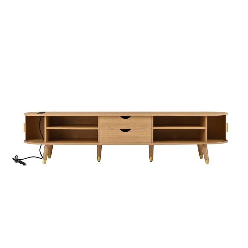 Wooden Oval TV Stand with Charging Station for TV up to 80", Fluted Sliding Tambour Door TV Cabinet Media Console, Natural